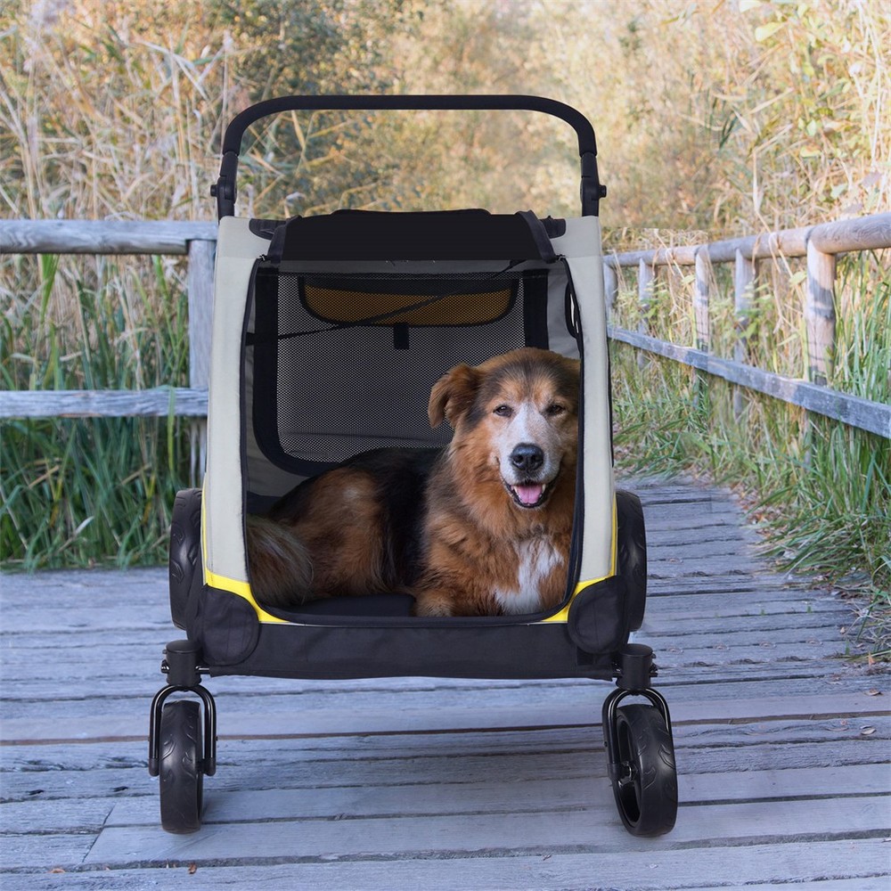 Dividered Two Dogs Stroller One-key Folding Pet Carrier with Shock-proof Wheels
