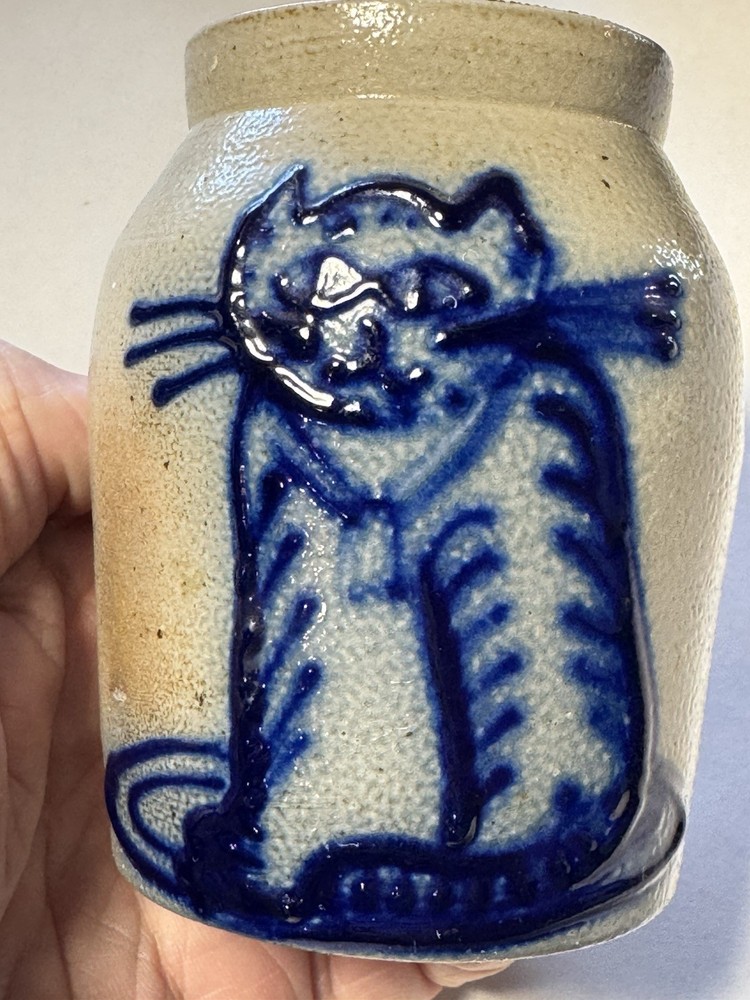 Signed Pottery Crock With A Cat On Front