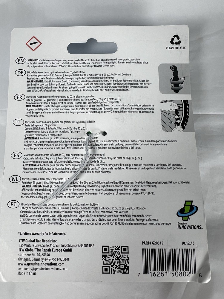 Genuine Innovations Microflate Nano Inflator Includes 20g Threaded CO2 Cartridge