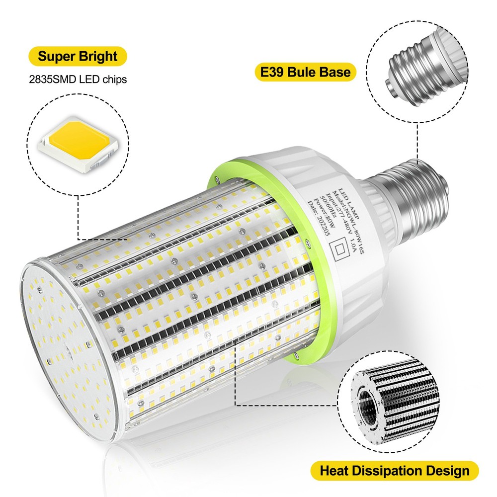 2X 480V 80W LED Corn Light E39 Base Commercial Warehouse High Bay Light 12000lm