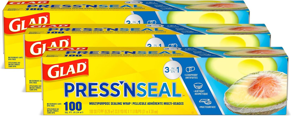 Glad Press'N Seal Plastic Food Wrap Multipurpose - 100 Square Foot Roll - 3 Pack
