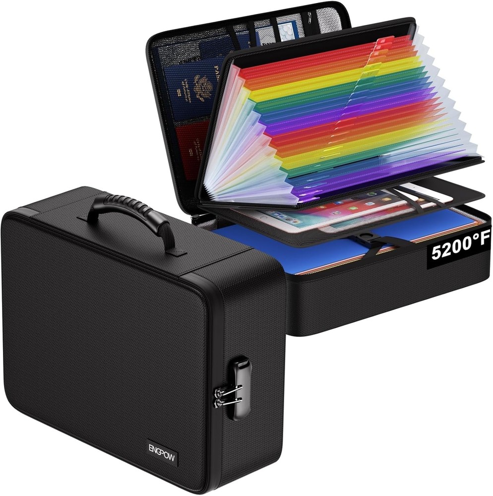 Fireproof Document Box with Lock - 5200℉ Water-Resistant Organizer, 25 Pocket...