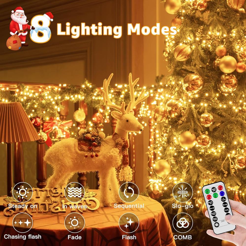 500 LED 25 FT Cluster Lights, Warm White Christmas Tree Lights 8 Modes Timer Rem