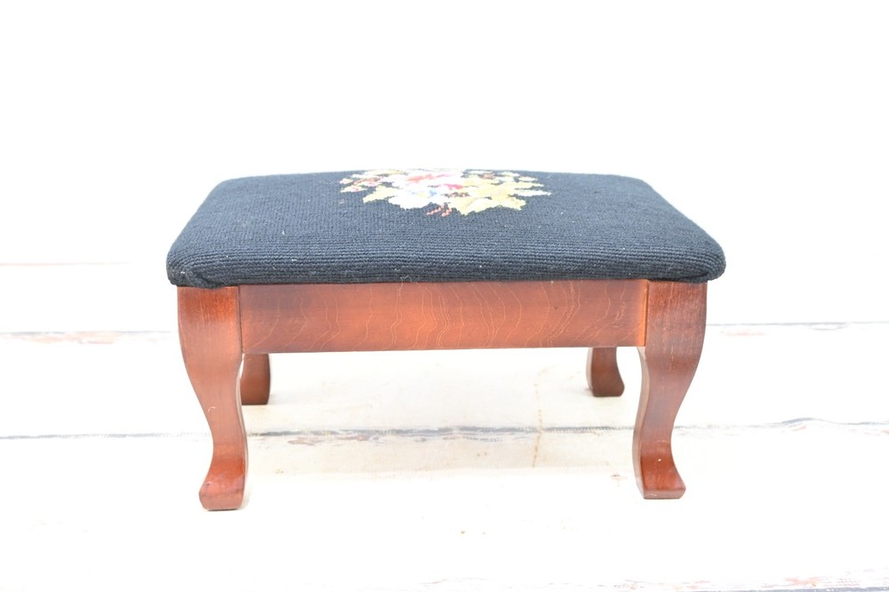 Vintage Floral Needlepoint Footstool Wool Rectangular Victorian Flowers 14.5x9.5