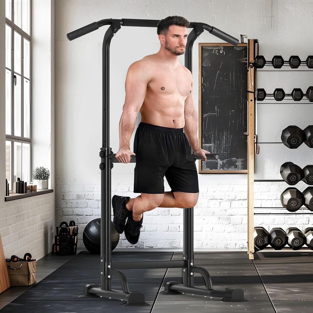 Adjustable Power Tower Pull Up Dip Station Strength Training Equipment Black