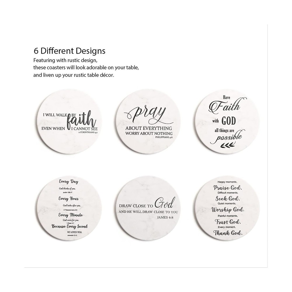 Coasters for Drinks with Bible Verses, Set of 6 Absorbent Drinks Coasters wit...