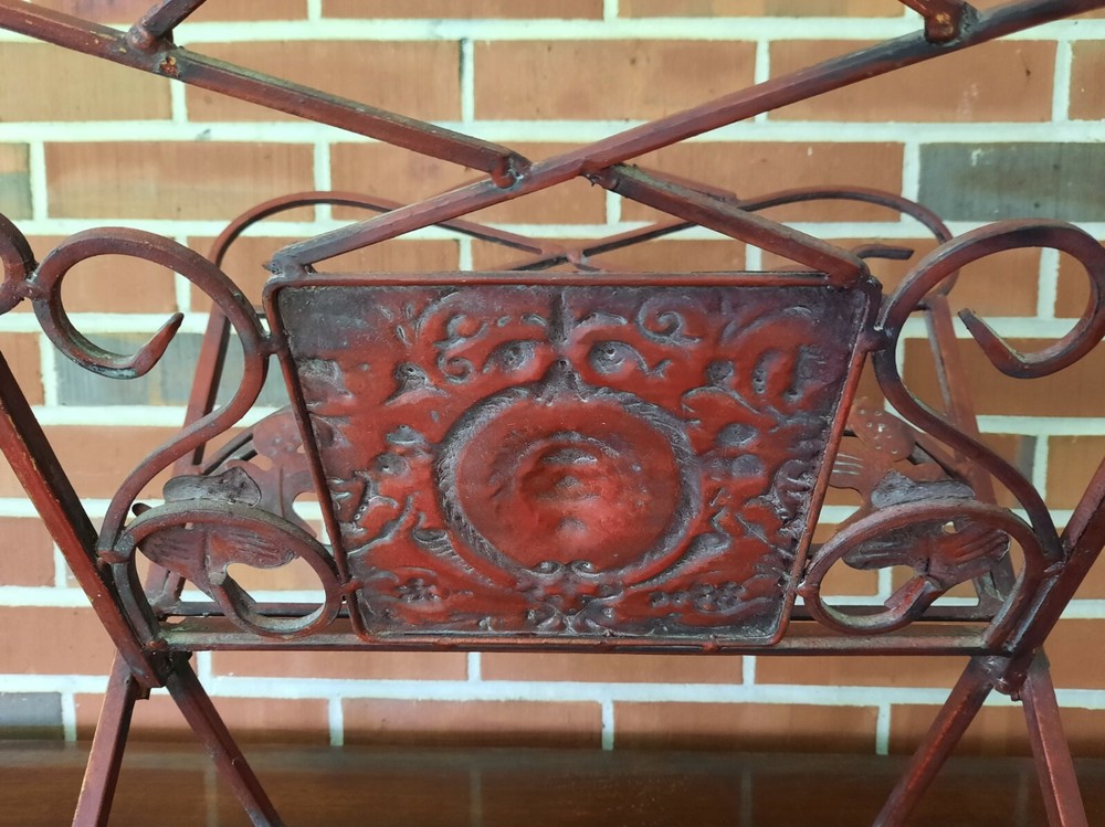 Red Metal Folding Magazine Newspaper Log Rack with Lion Head Leaf Scrollwork