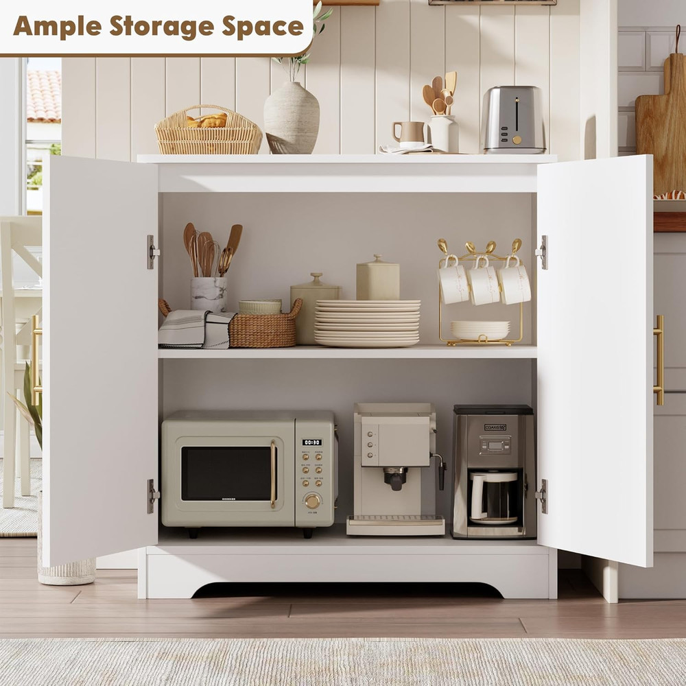 30" White Sideboard Buffet Cabinet with Rattan Doors & Large Storage Console