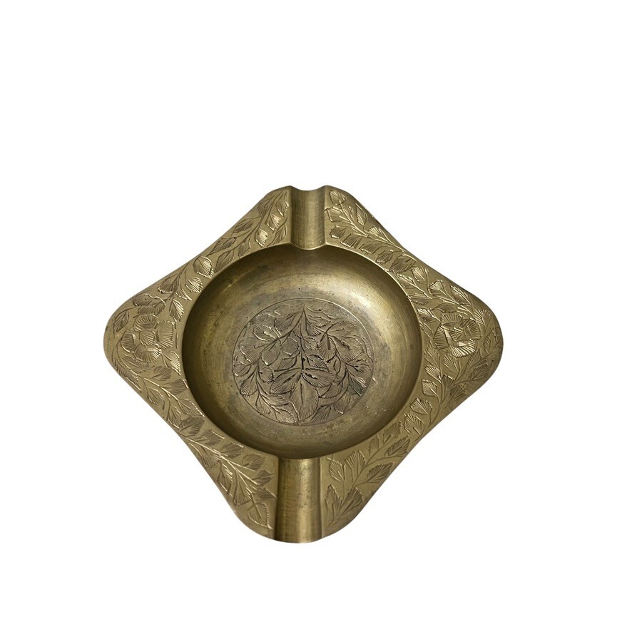 Solid Brass Engraved Leaf Pattern 4" Square Ashtray Coin Tray Made India W1288