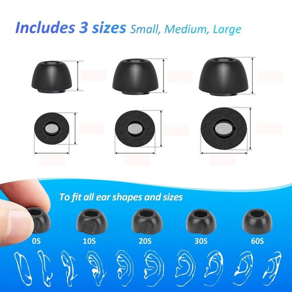 Memory Foam Ear Tips for Galaxy Buds3 Pro, Replacement Earbud S/M/L, Black