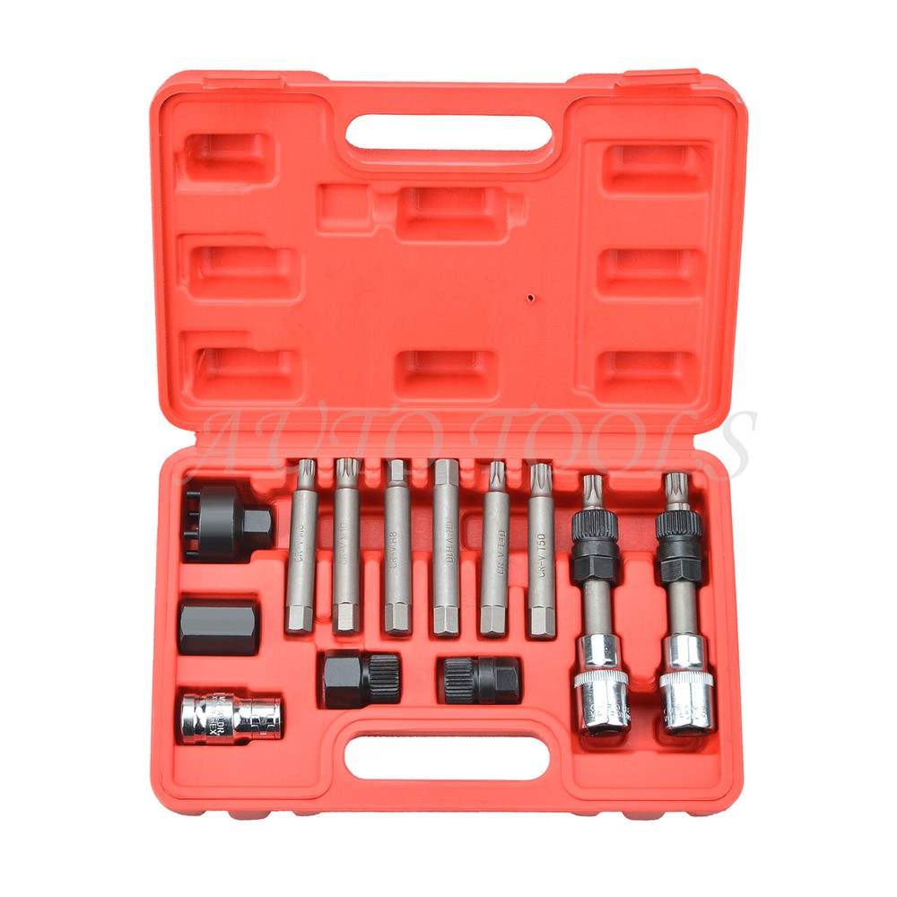 13Pc Alternator Freewheel Pulley Removal Socket Hex Spline Star Bits Tool Kit
