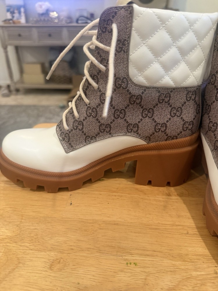 Gucci White and Tan Leather Combat Boots Size 8