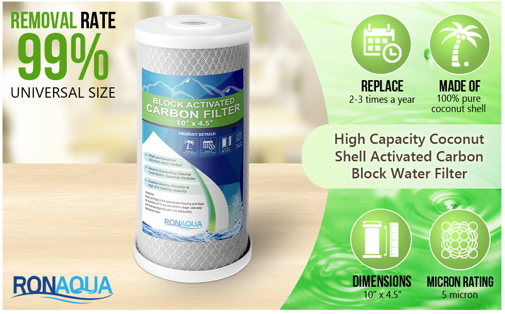 RonAqua Carbon Block Water Filter 4.5" x 10" Whole House Cartridge 5 Micron
