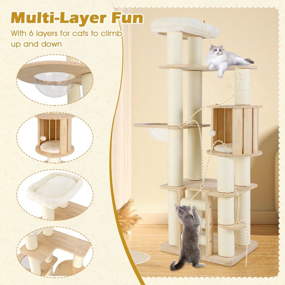 PETSJOY 71" Tall Cat Tree w/Cozy Perch Condo Space Capsule 4.6" Scratching Posts