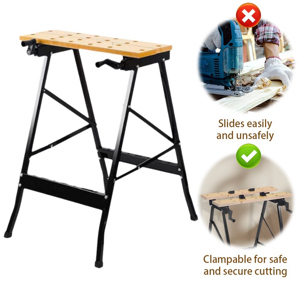 Folding Sawhorse Worktable 4 Bench Dogs Adjustable for Woodworking Projects