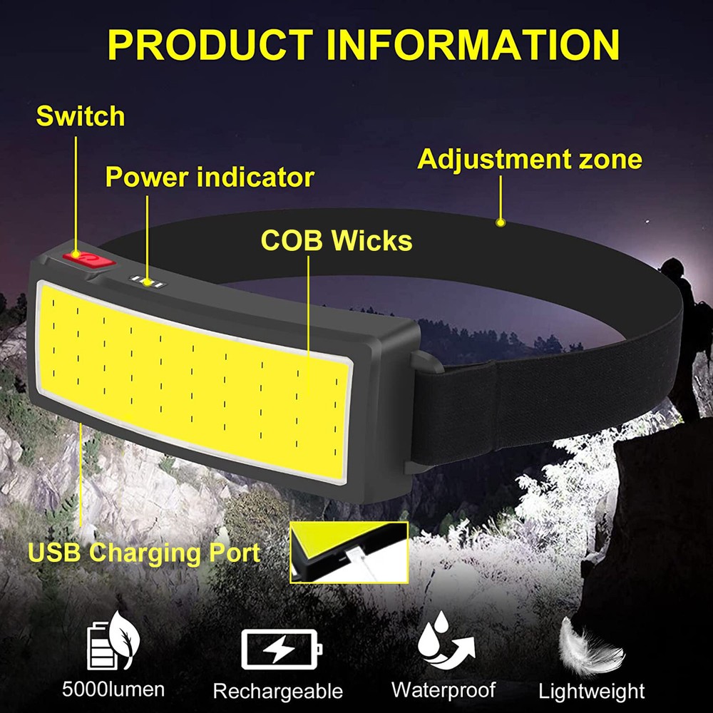 USB Rechargeable COB LED Headlamp Headlight Torch Work Light Camping Lamp