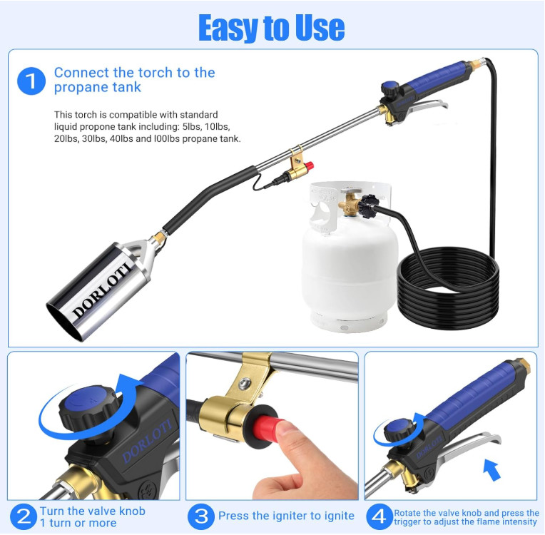Propane Weed Burner Torch, High Output Flame, 10FT Hose, Igniter, Bag
