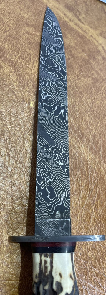 Lee Berg Damascus Drop Point Hunter Knife Brown Crown Stag Handle Custom