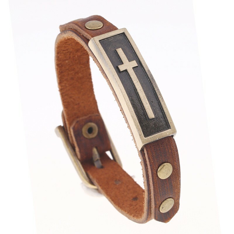 Genuine Leather Christ Cross Adjustable Bracelet
