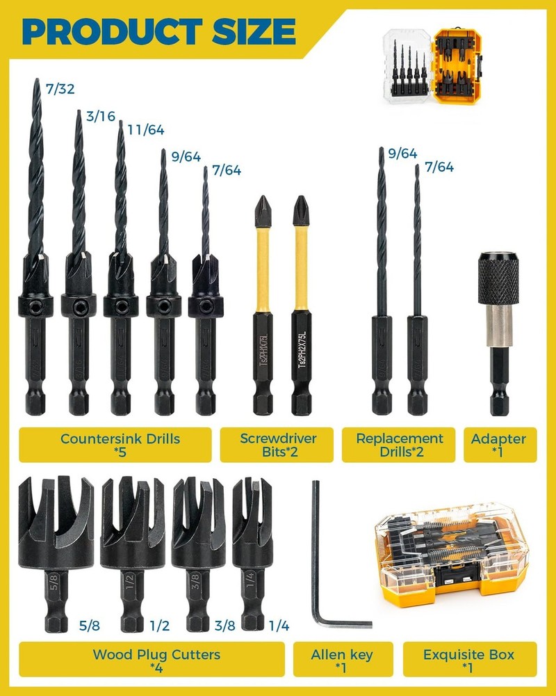 16PCS Countersink Drill Bit Set, Adjustable Depth Tapered Drill Bits with 4 W...