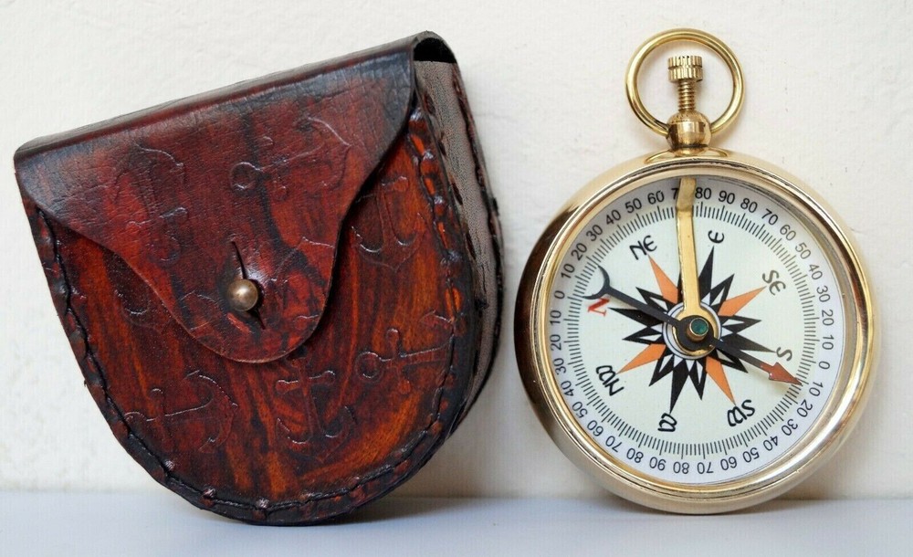 Antique Brass Compass With Leather Case Maritime Antique Nautical Compass