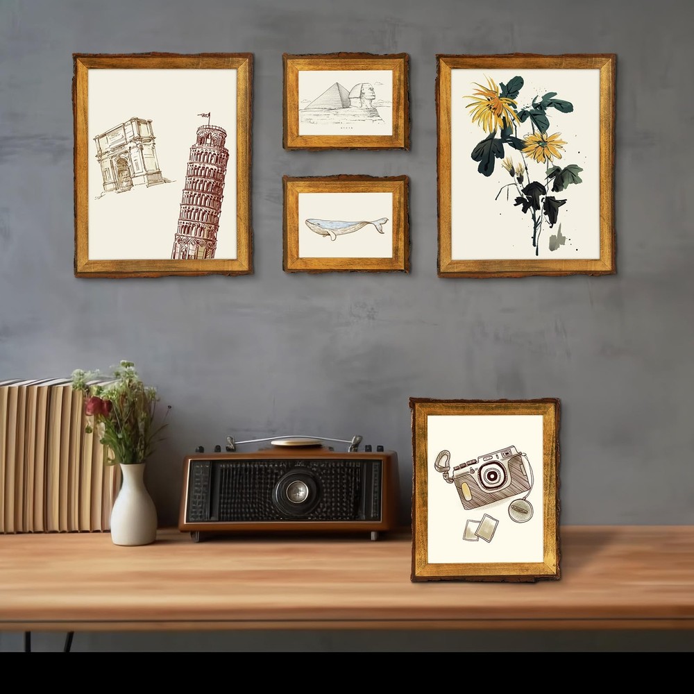 , 11x14 Picture Frame Rustic Brown, Solid Wood Picture Frame with Bark Edges ...