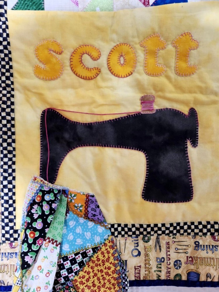 Vintage Handmade Quilted Wall Hanging Sewing Machine & Scott Name Panel Patchwor