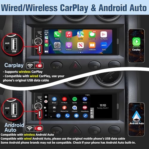 Universal Single Din Car Stereo with Wireless CarPlay & Android Auto 6.36 Inch