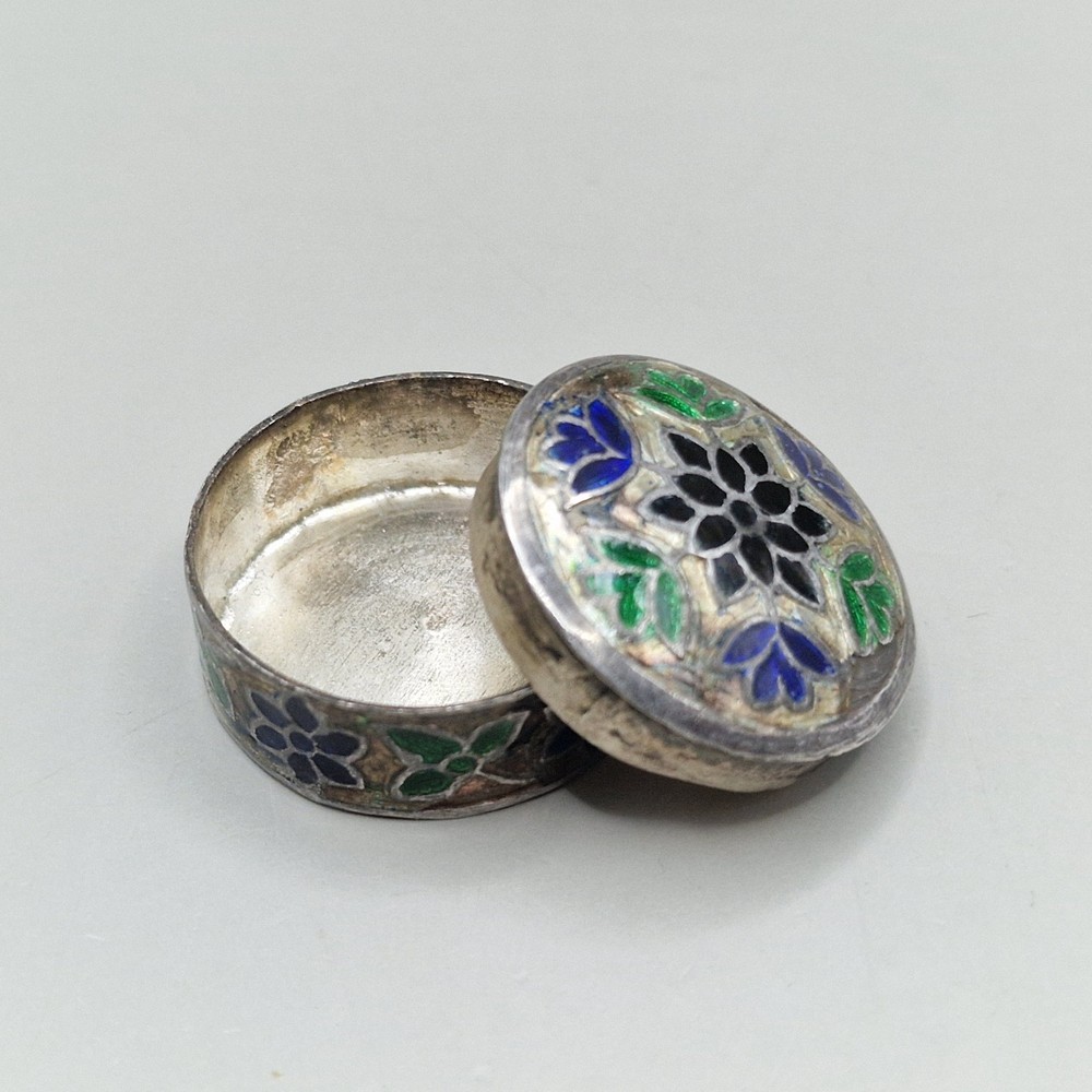 Vintage Sterling Silver & Enamel Pill Box