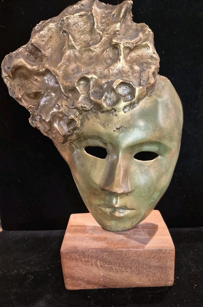 Antique bronze  / brass mask  Signed Initials