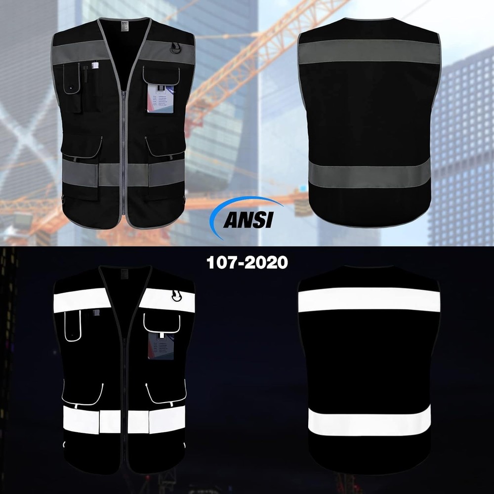 Durable Black Reflective Vest - 9 Multi-Functional Pockets for Enhanced Safety