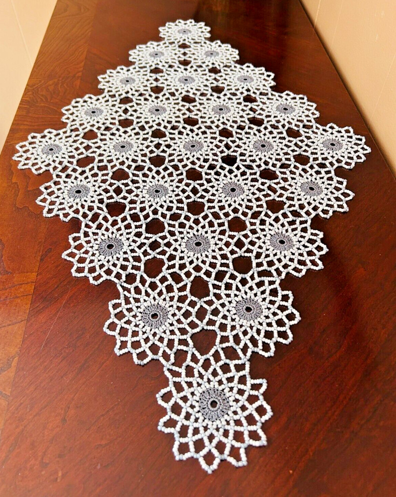 WHITE & GRAY CROCHET BEADED DOILY 28"/17" Handmade