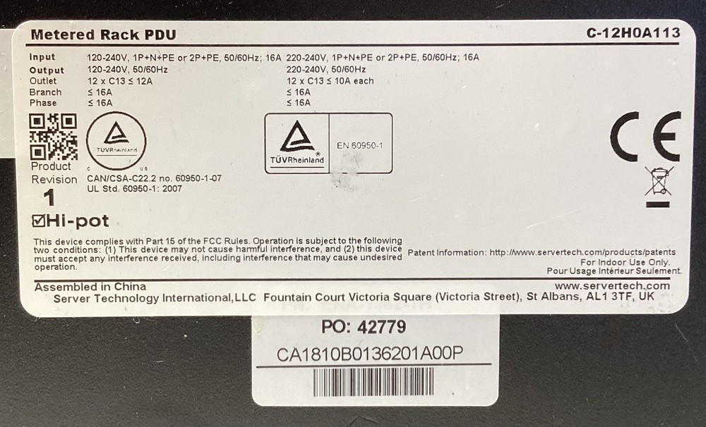 Server Technology | C-12H0A113 | Metered PDU