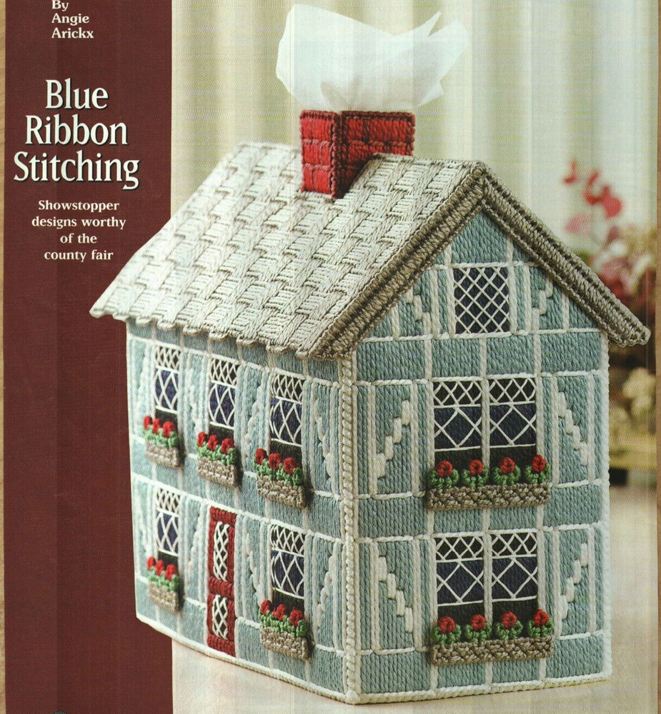 DELUXE SWISS COTTAGE TISSUE BOX COVER PLASTIC CANVAS PATTERN INSTRUCTIONS HTF