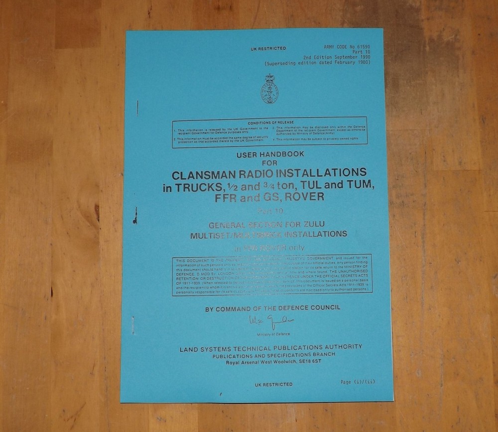 User handbook for Clansman into Land Rover. Zulu Multiset in FFR Rover only