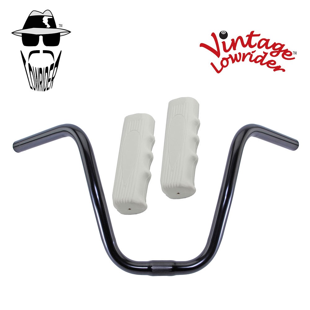 Original Lowrider 9" 25.4 D Handlebar Black Custom 120mm Grips Solid/White