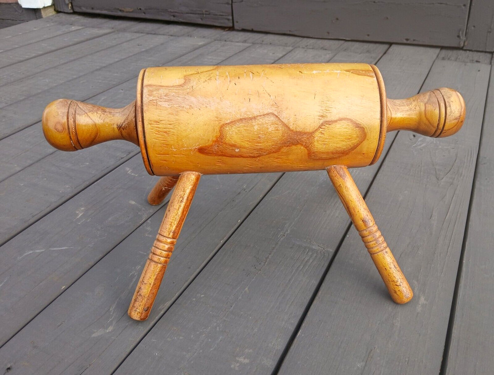 Antique Maple Wood Rolling Pin Foot Stool Hand Crafted Signed 1968