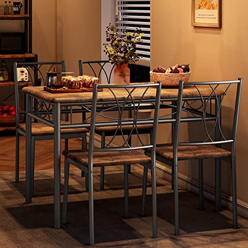 5-Piece Wood Dining Table Set for 4, Rectangular Table and 4 Chairs Brown