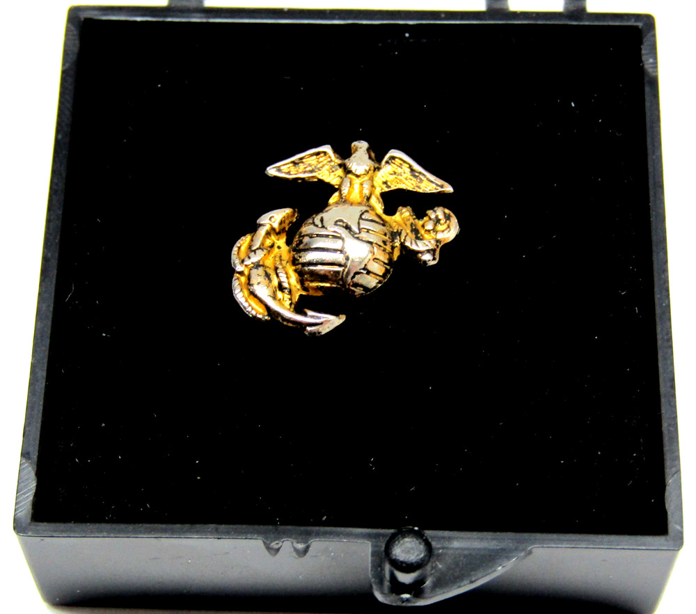 USMC Eagle Globe Anchor Crest Tie Tack Pin w/ Chain Multitone With Plastic Case