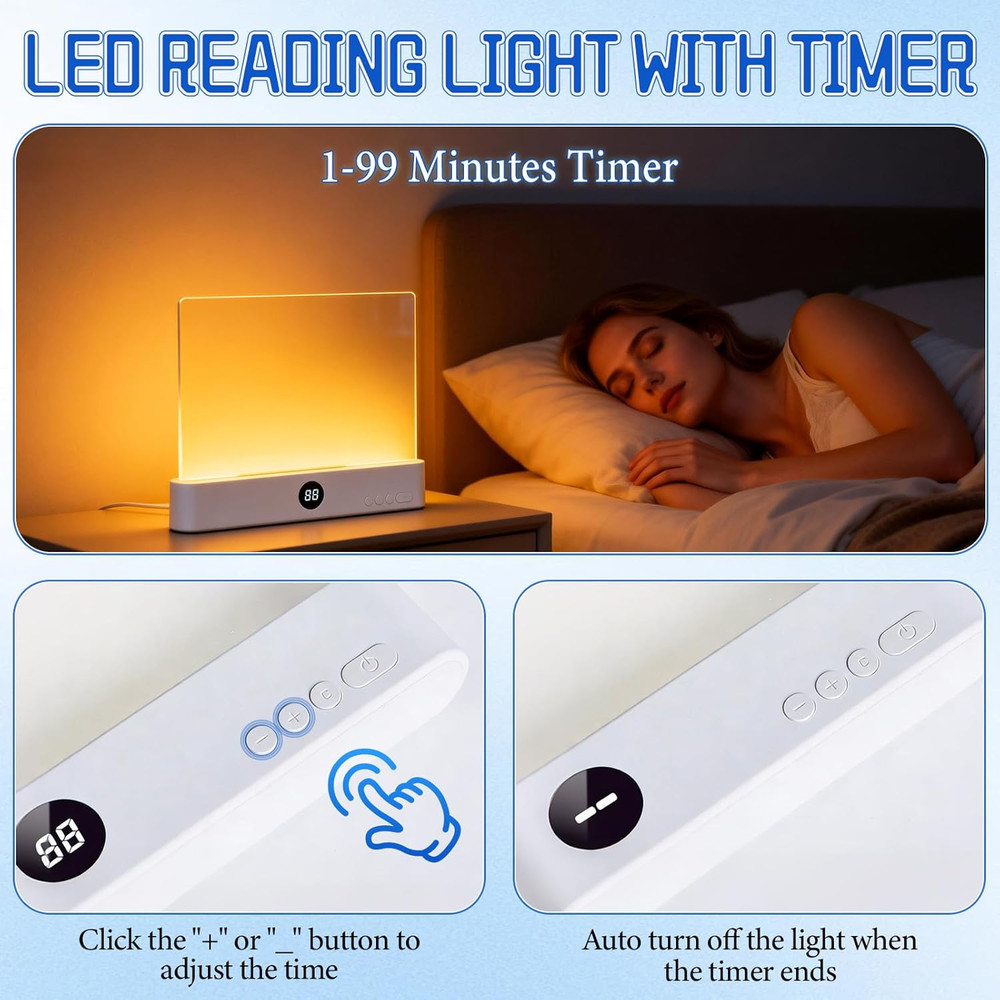 Flat Book Light, Rechargeable Clear LED Flat Reading Light with 3 Colors & Timer