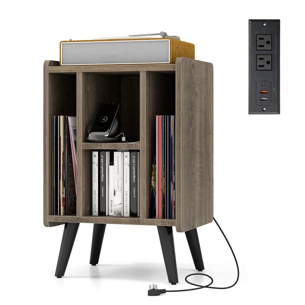 Record Player Stand w/ Charging Station 4 Storage Compartments Supporting Legs