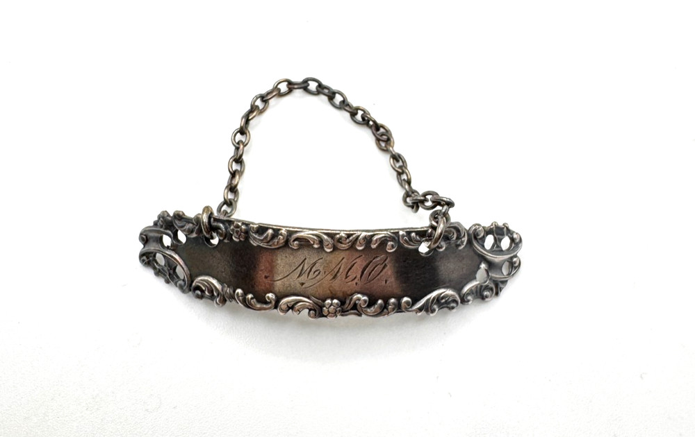 Antique Chatelaine Chain Victorian Sterling Silver Repousse Tag Monogrammed