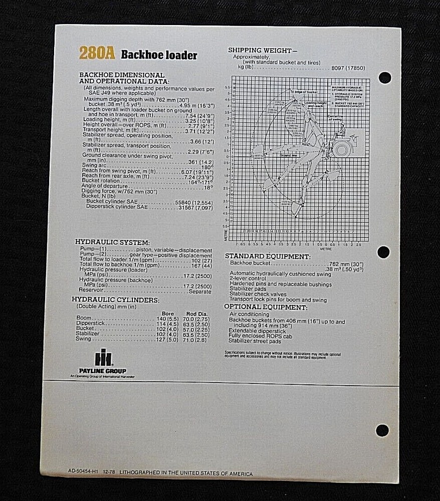 1978 INTERNATIONAL HARVESTER 280A BACKHOE LOADER TRACTOR SPECIFICATIONS BROCHURE