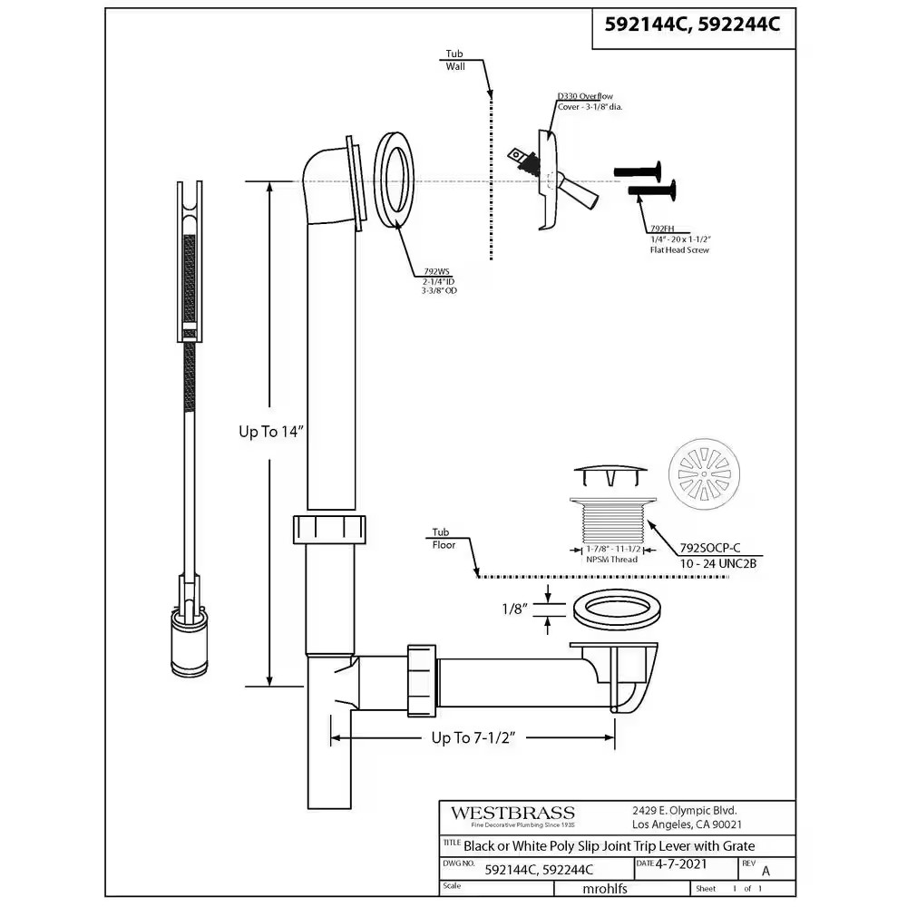 1-1/2 In. White Poly Tubular Trip Lever Drain Kit, Matte Black