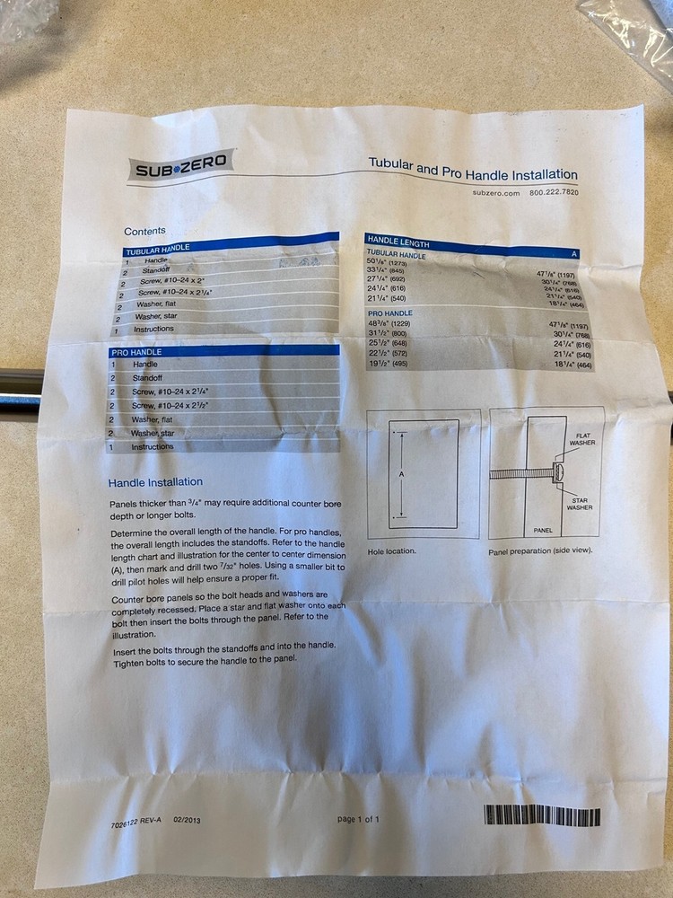 sub zero tubular handle 7025229