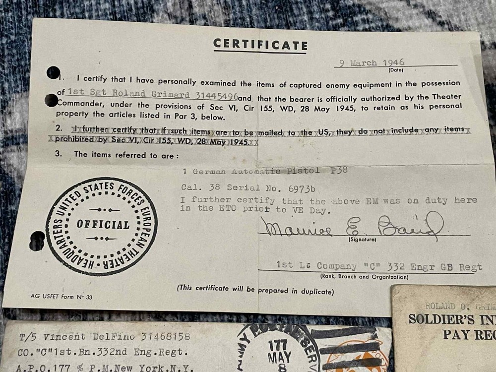 WW2 WWII US Army 332nd Engineer GS Regiment Document Grouping P38 CAPTURE PAPERS