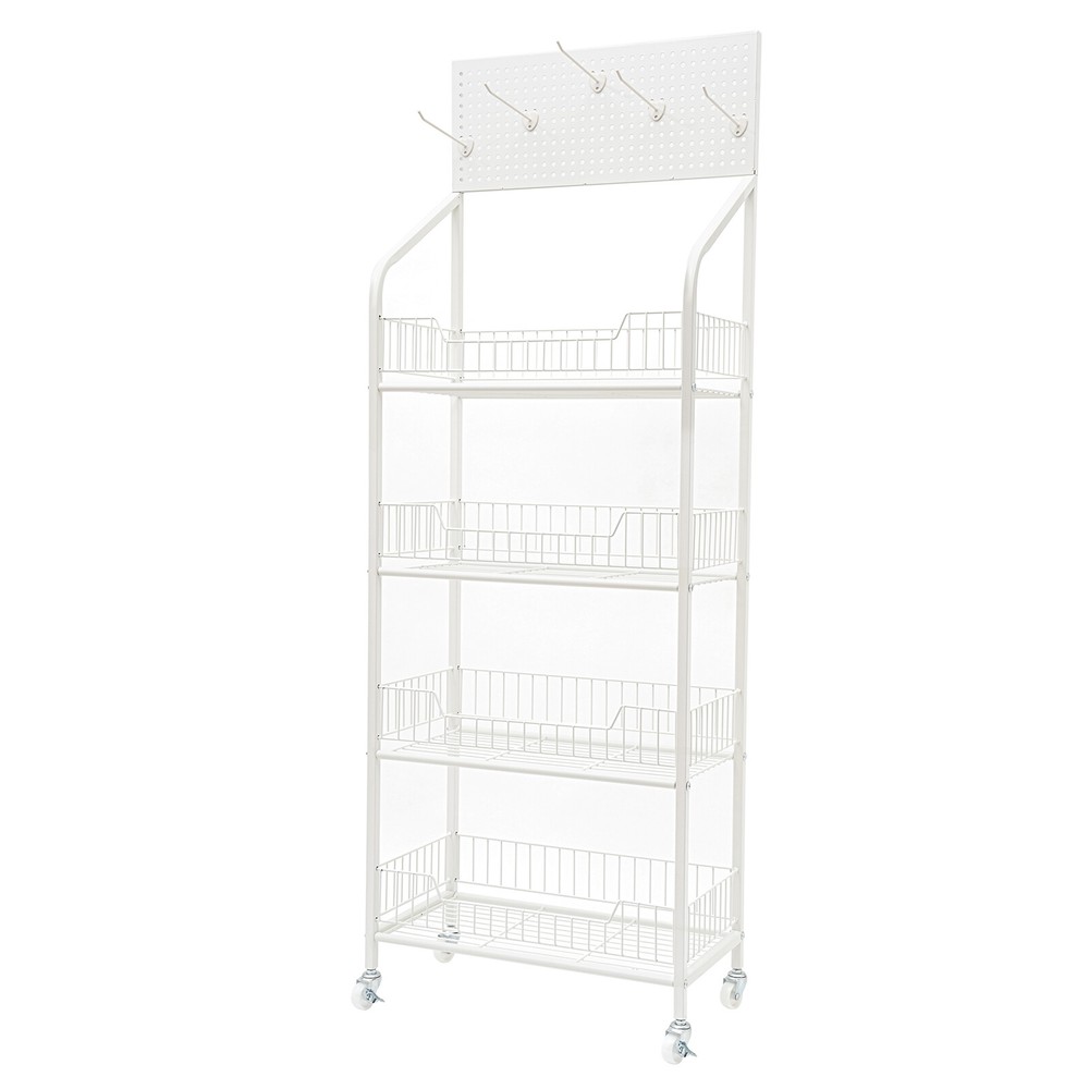 4-Tier White Metal Display Rack with Hooks for Snacks and Essentials