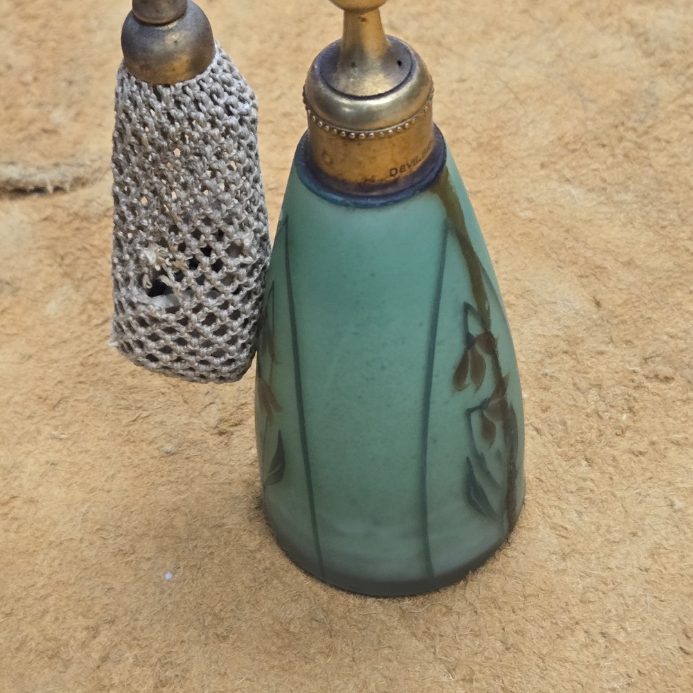 Antique Devilbiss Perfume Atomizer/Bottle Signed Green & Gold Hand Painted