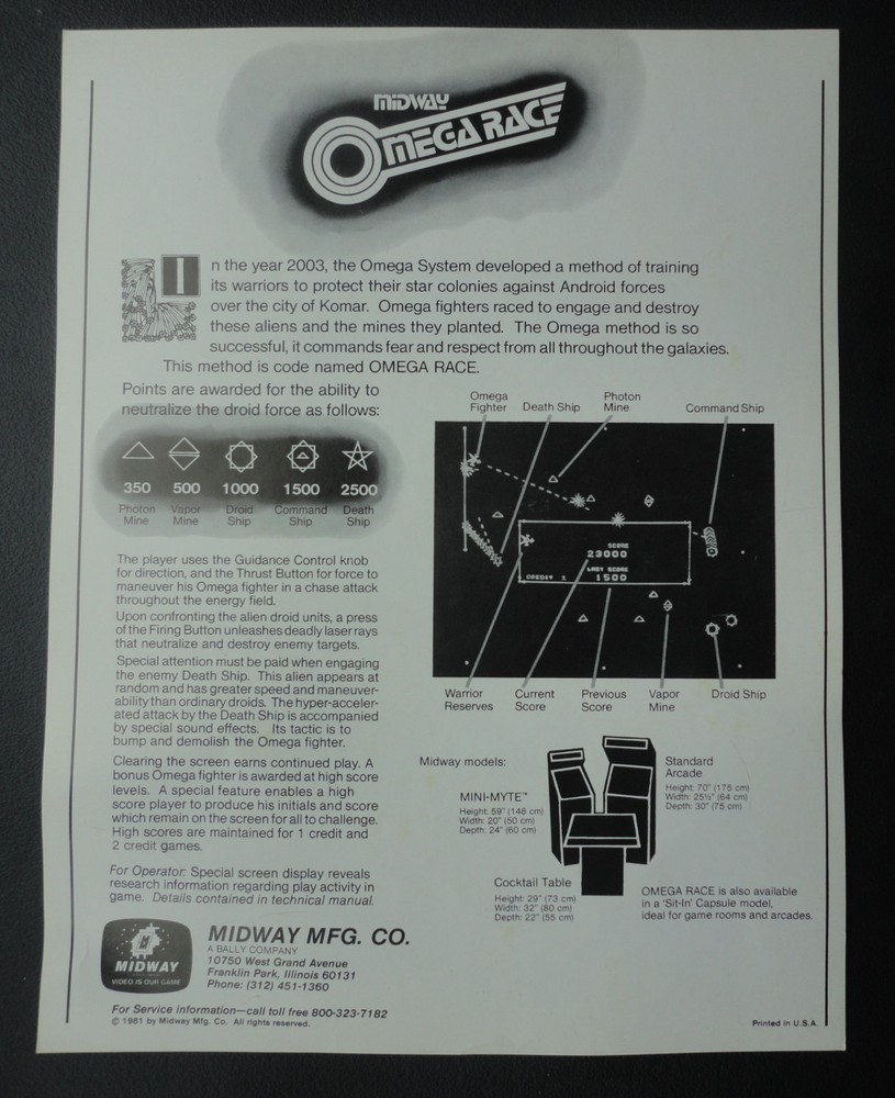 Omega Race Arcade Flyer Original Midway Brochure