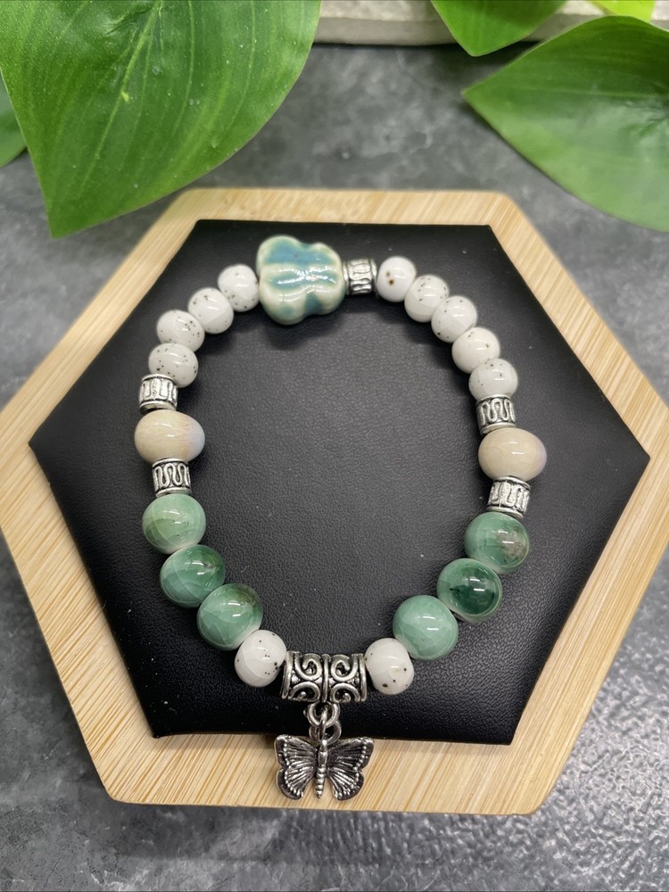 Handmade Ceramic Bead Beaded Stackable 6.5” Plus Stretch Bracelet New B287